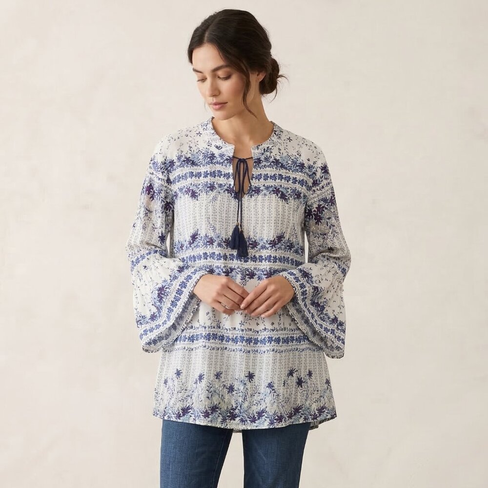 Cato Blouse Blue White Peasant Cottage Boho Floral XL